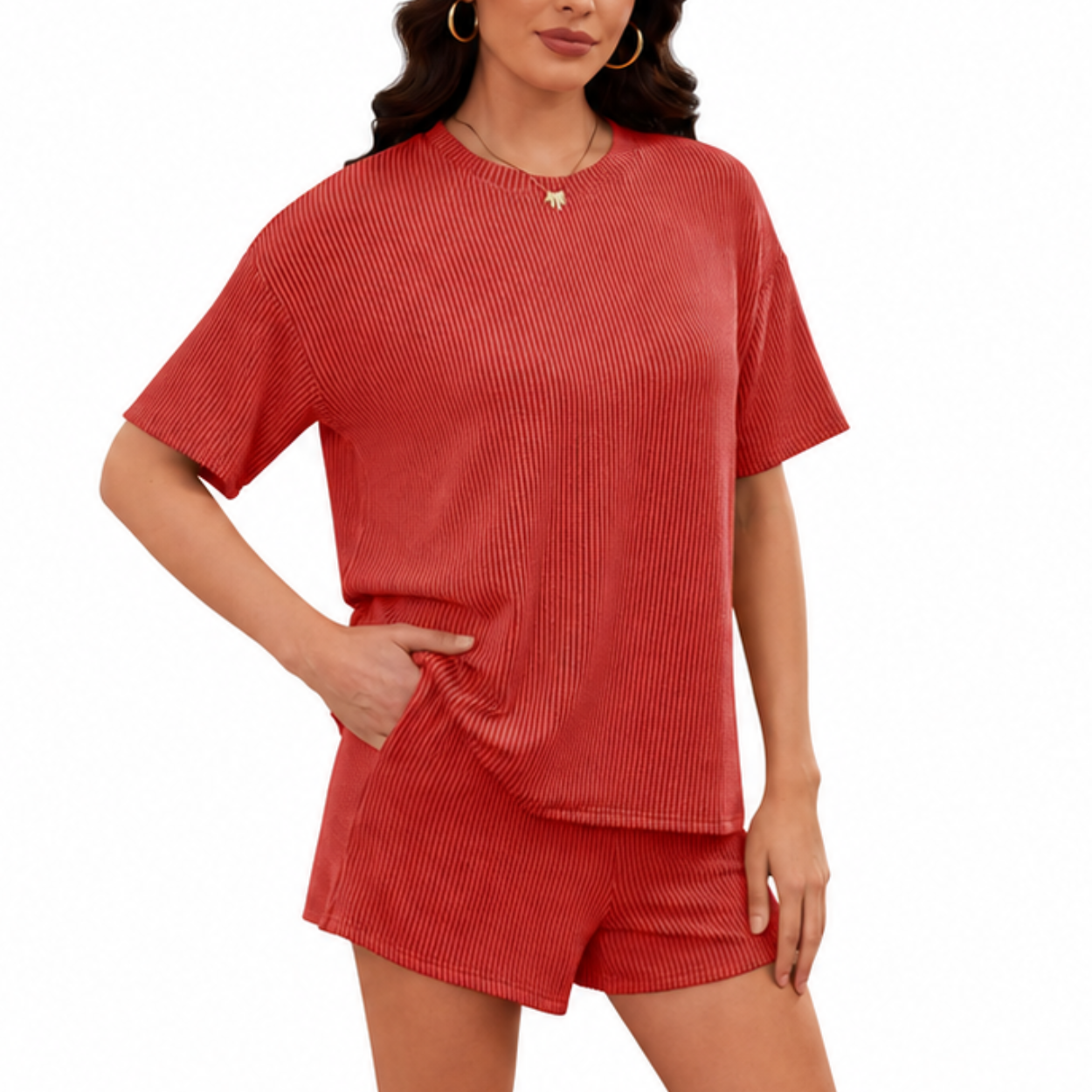 2 Piece Ribbed Knit Shorts Set with Short Sleeve Top For Women