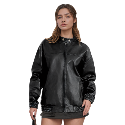 Women Oversized Faux Leather Motorcycle Bomber Jacket