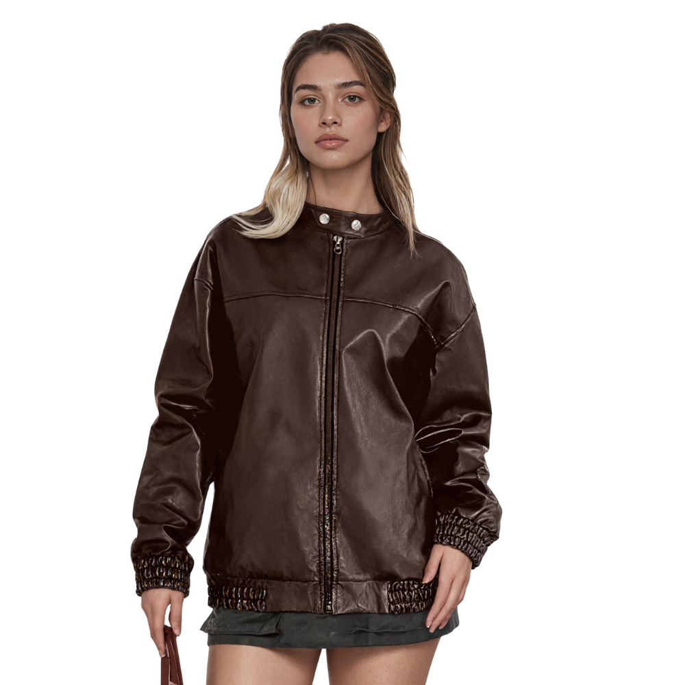 Women Oversized Faux Leather Motorcycle Bomber Jacket