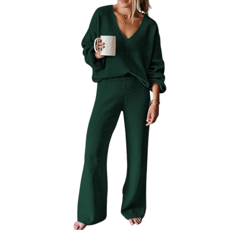 Women 2 Piece Outfits Casual V Neck Knit Wide Leg Sweater Lounge Set