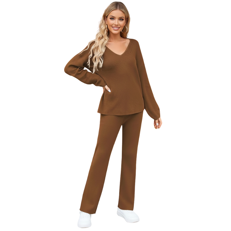Women 2 Piece Outfits Casual V Neck Knit Wide Leg Sweater Lounge Set