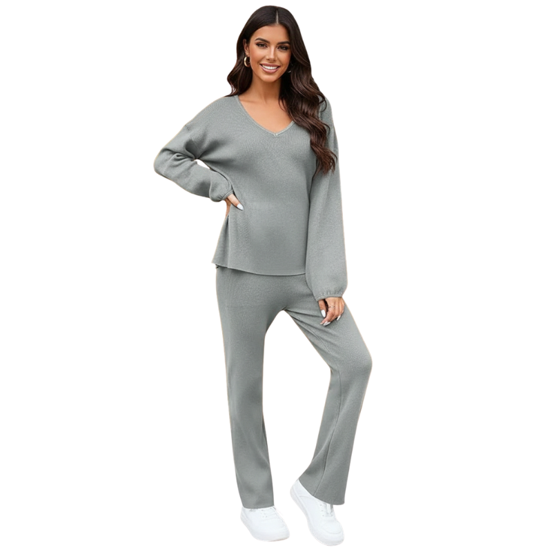 Women 2 Piece Outfits Casual V Neck Knit Wide Leg Sweater Lounge Set