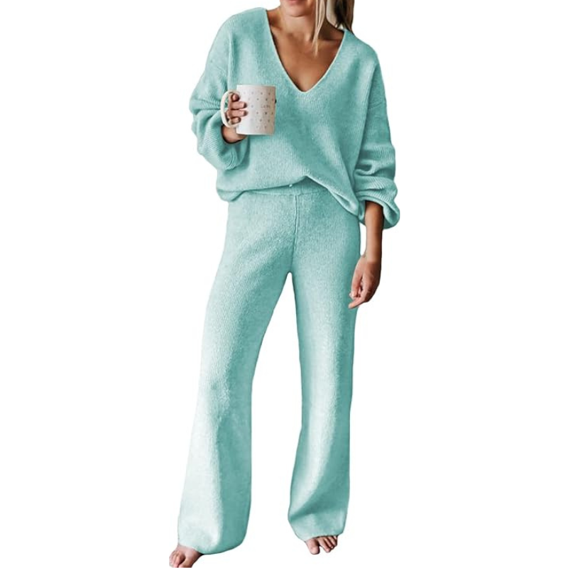 Women 2 Piece Outfits Casual V Neck Knit Wide Leg Sweater Lounge Set