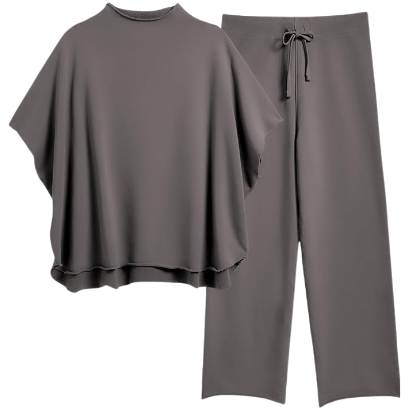 Womens Two Piece Outfits Batwing Sleeve Capelet Crew Neck Pullover Top Wide Leg Pants Lounge Set