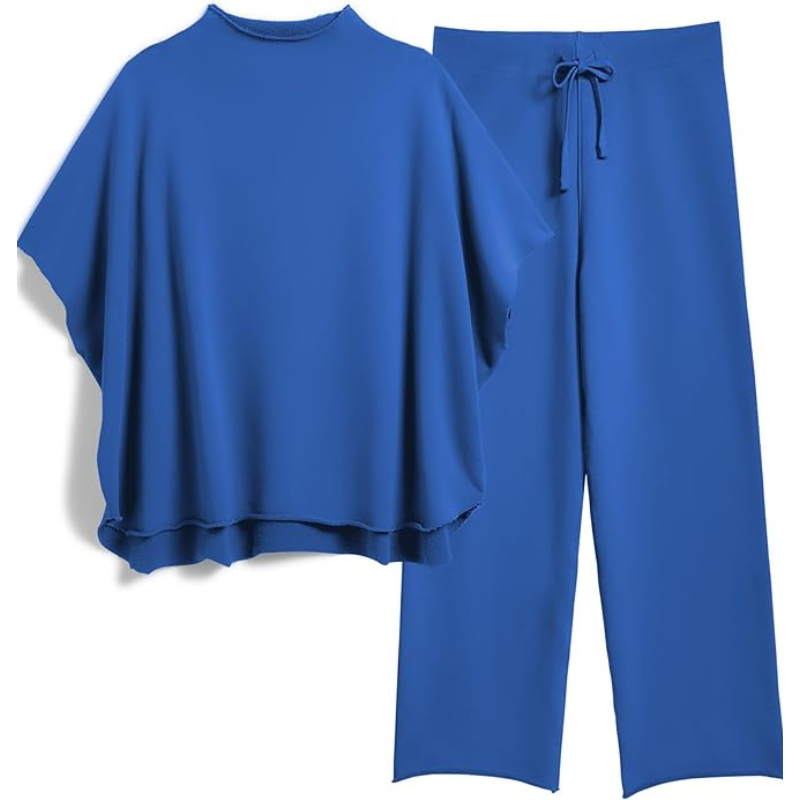 Womens Two Piece Outfits Batwing Sleeve Capelet Crew Neck Pullover Top Wide Leg Pants Lounge Set
