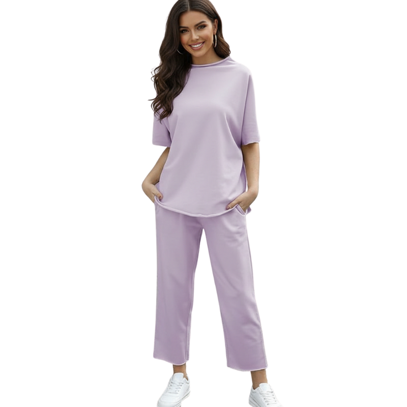 Womens Two Piece Outfits Batwing Sleeve Capelet Crew Neck Pullover Top Wide Leg Pants Lounge Set