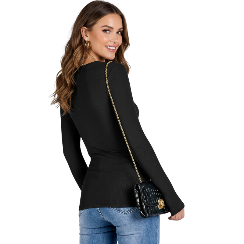 Women Long Sleeve Shirts Rib Knit Slim Fit Tops