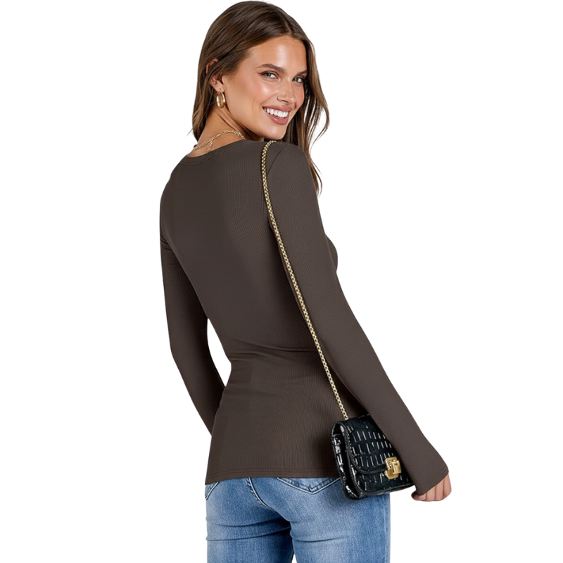 Women Long Sleeve Shirts Rib Knit Slim Fit Tops