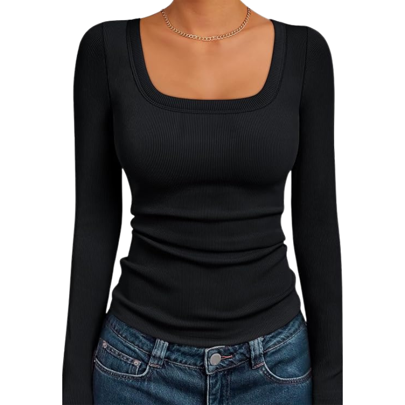 Womens Ribbed Square Neck Top Long Sleeve Slim Fit Basic Shirt For Fall Winter Spring Casual Crop Tee