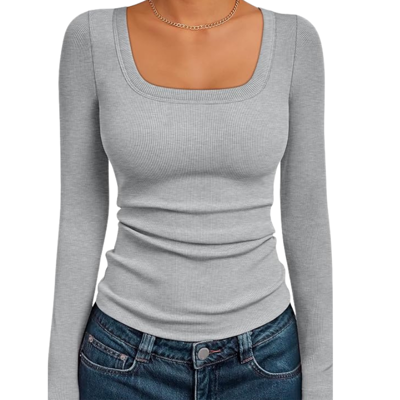 Womens Ribbed Square Neck Top Long Sleeve Slim Fit Basic Shirt For Fall Winter Spring Casual Crop Tee