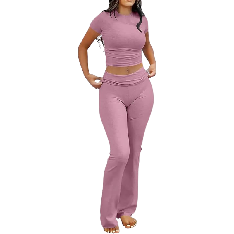 Two Piece Lounge Set With Crop Top And Flare Leggings For Women