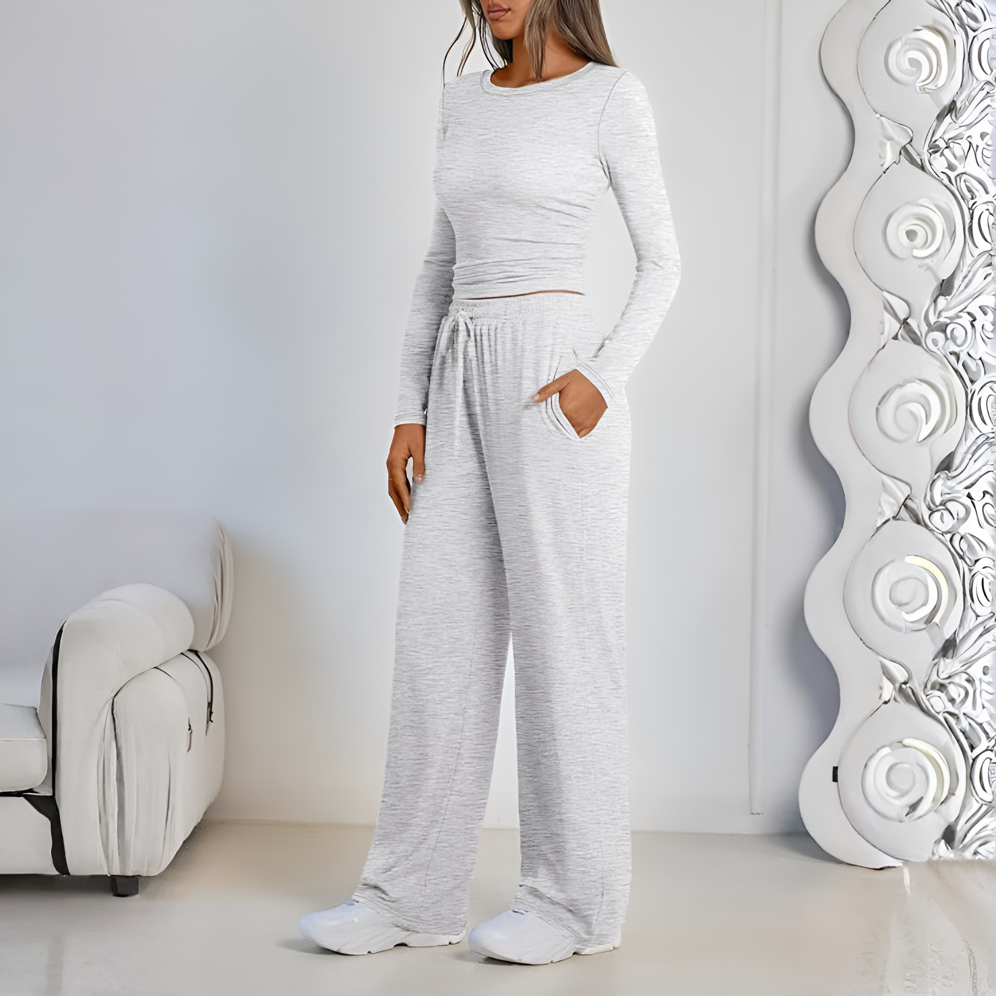 Two Piece Lounge Set With Long Sleeve Top And Drawstring Pants For Women
