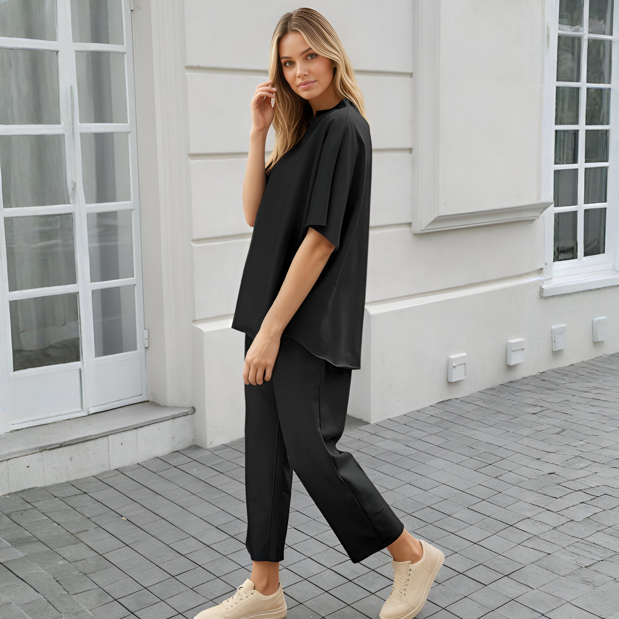 Two Piece Lounge Set With Batwing Sleeve Capelet Pullover Top And Wide Pants For Women