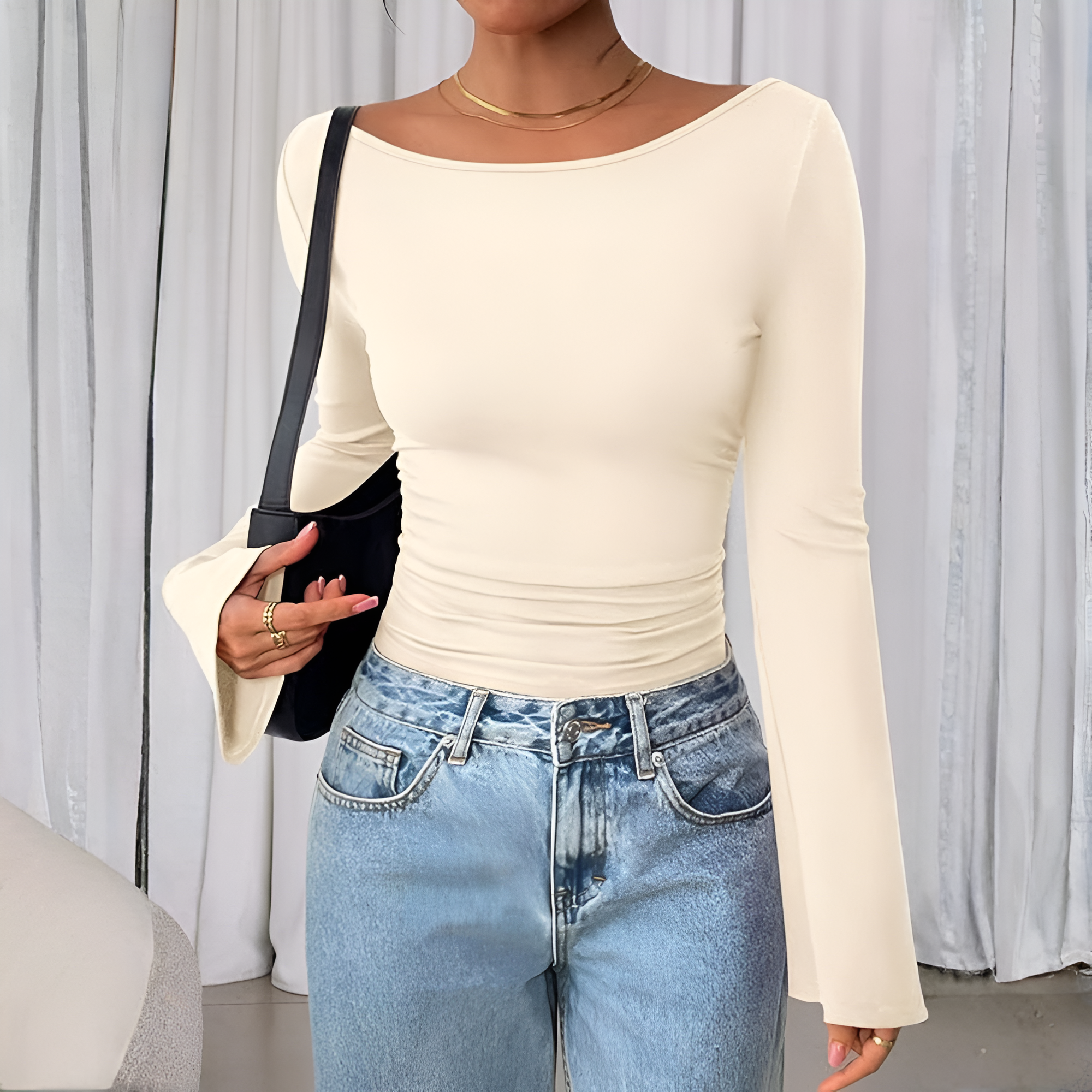 Ribbed Crop Top With Long Bell Sleeve For Women