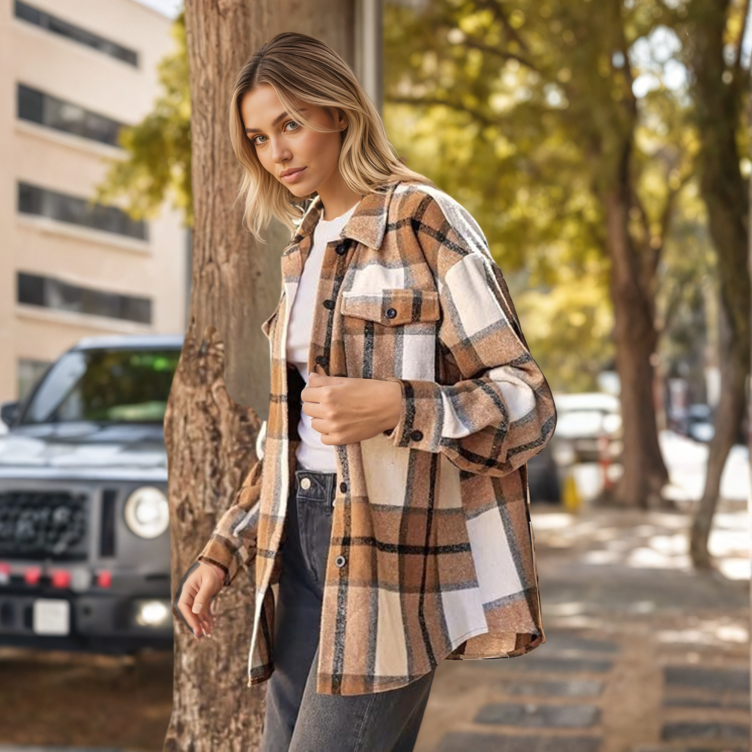 Plaid Flannel Shacket With Long Sleeve Button Down Style For Women