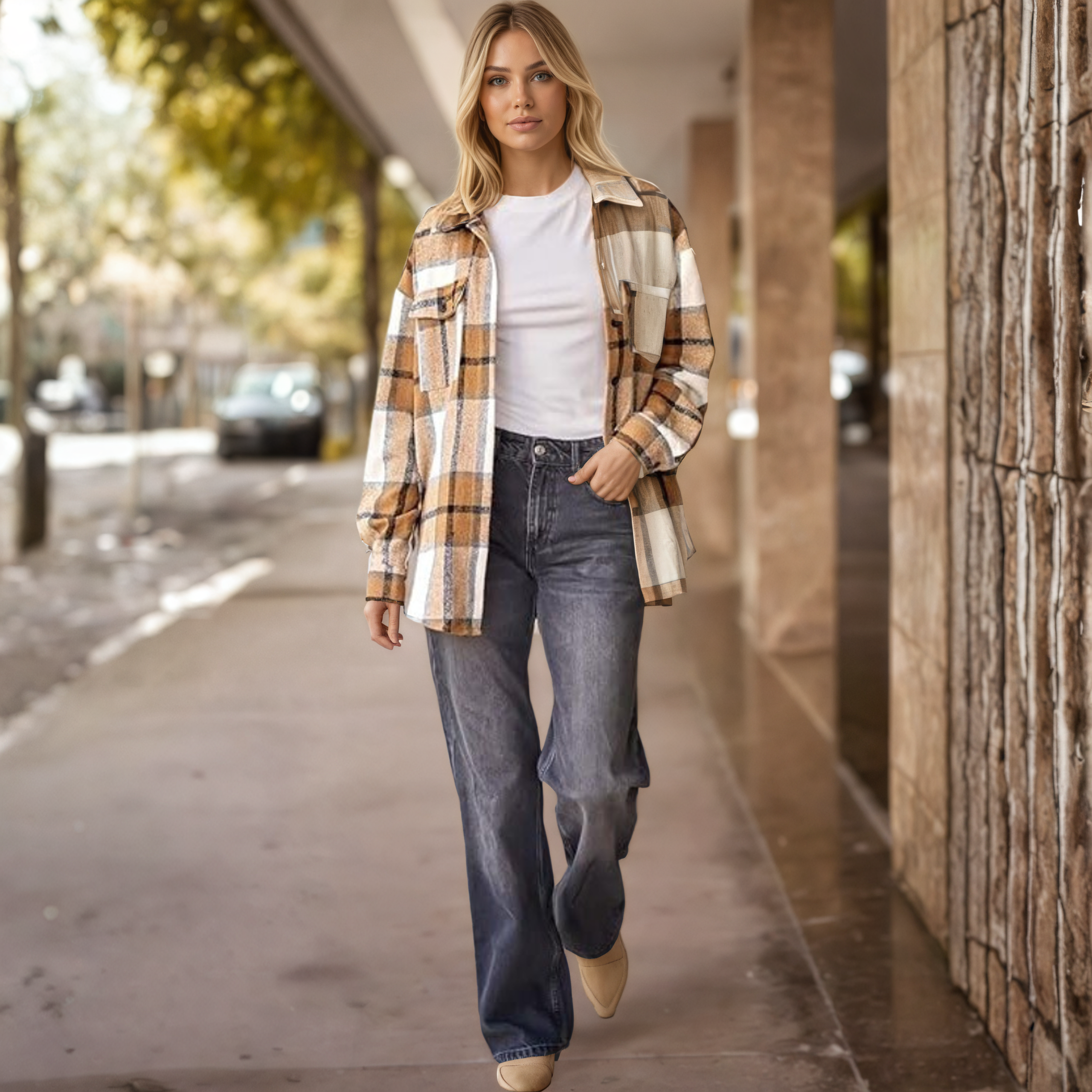 Plaid Flannel Shacket With Long Sleeve Button Down Style For Women