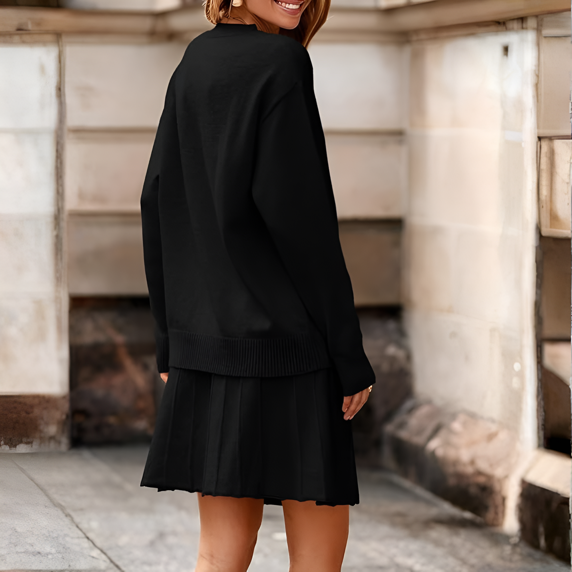 2 Piece Lounge Outfit With Knit Sweater And Pleated Mini Skirt Set For Women