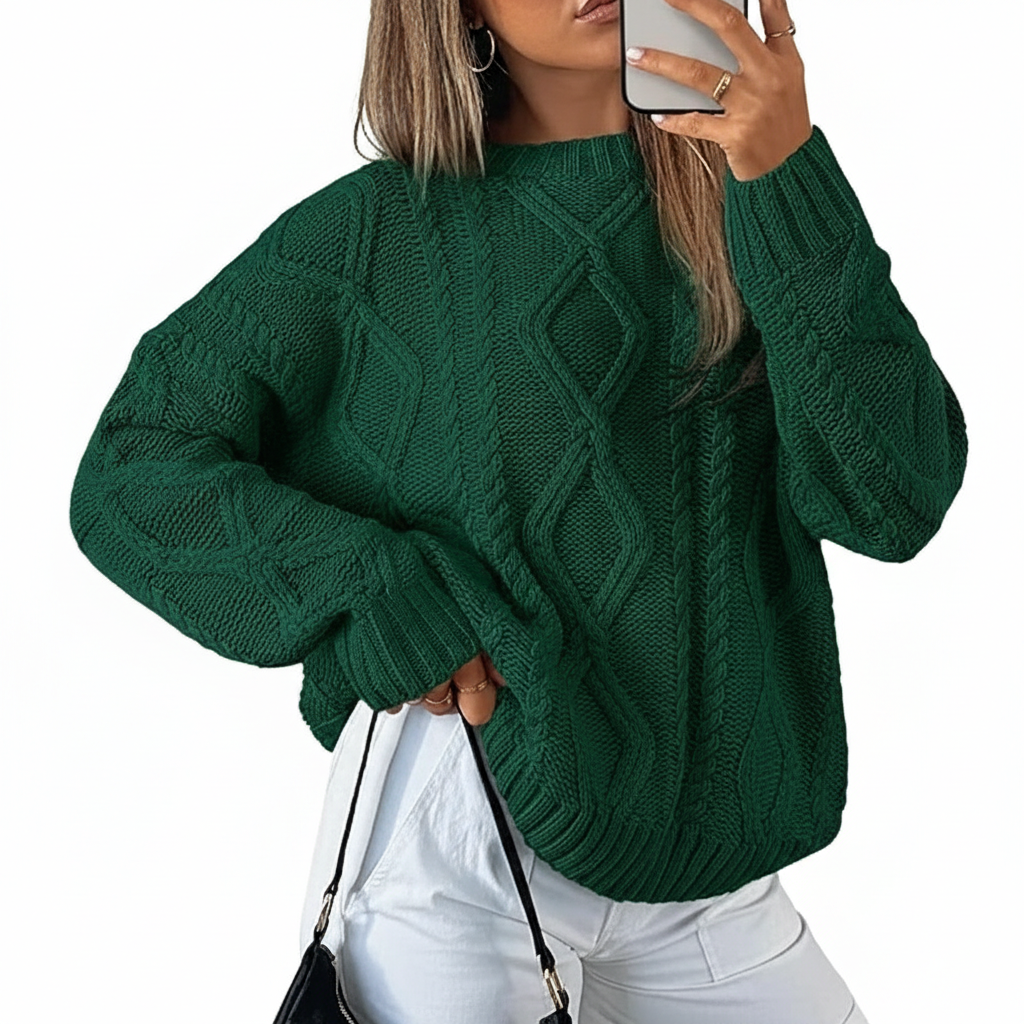 Oversized Cable Knit Sweater Crewneck Cozy Fall Pullover Top For Women
