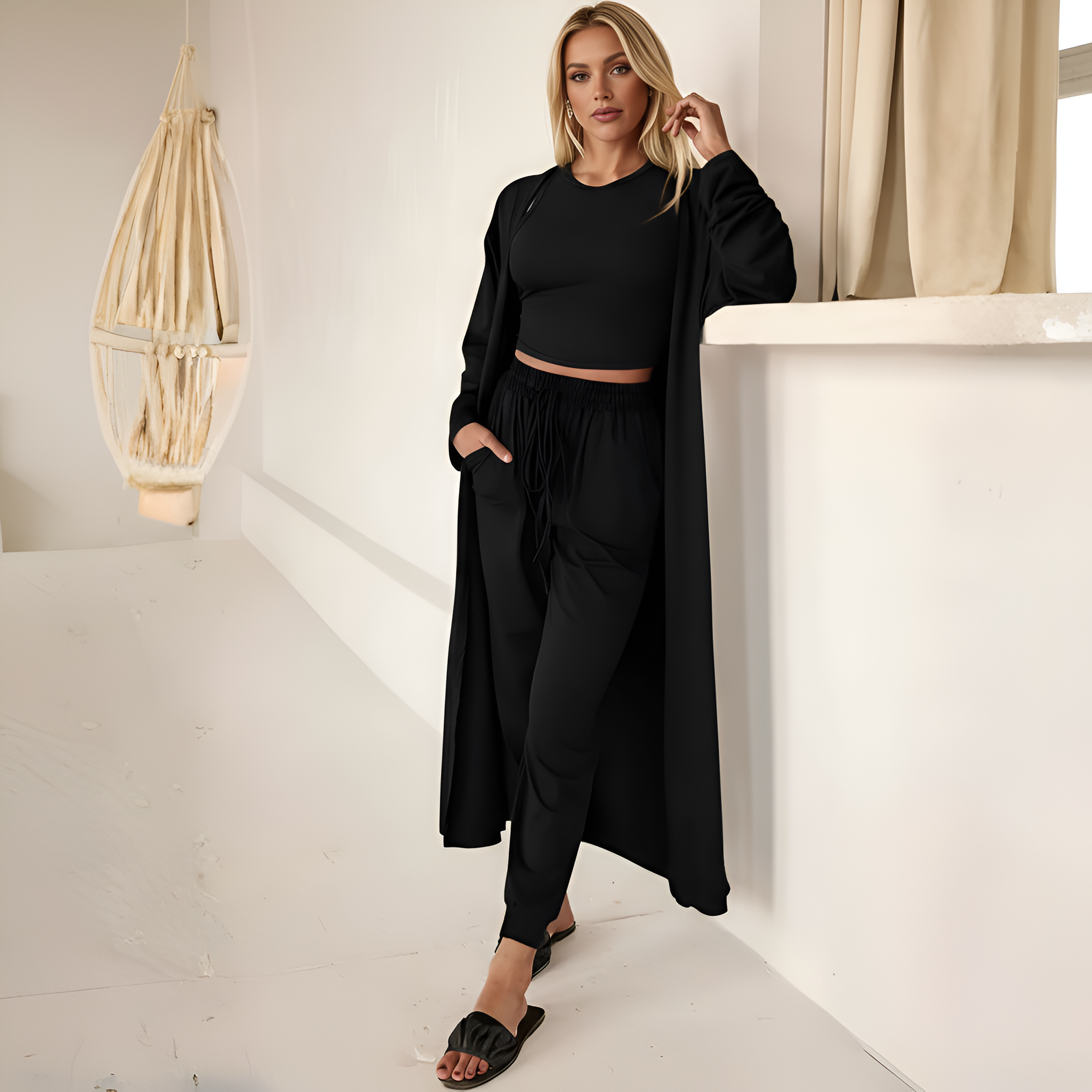 Three Piece Travel Lounge Set With Cardigan Matching Top And Jogger For Women