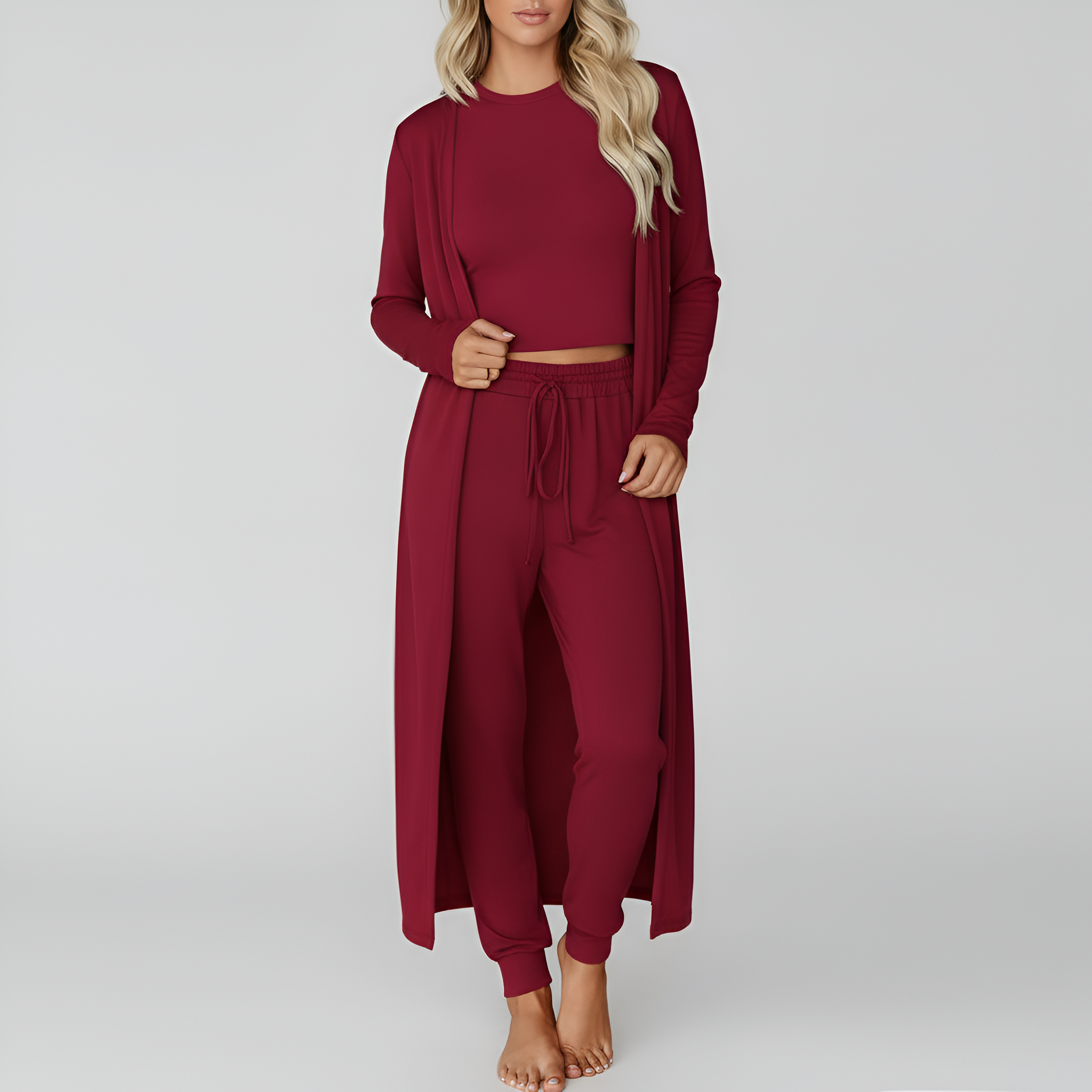 Three Piece Travel Lounge Set With Cardigan Matching Top And Jogger For Women