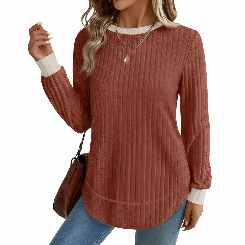 Dressy Long Sleeve Tunic Sweater With Curved Hem And Loose Fit For Women