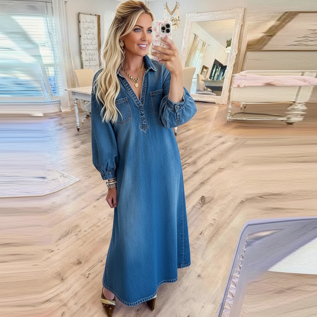 Long Sleeve Denim Maxi Dress For Women