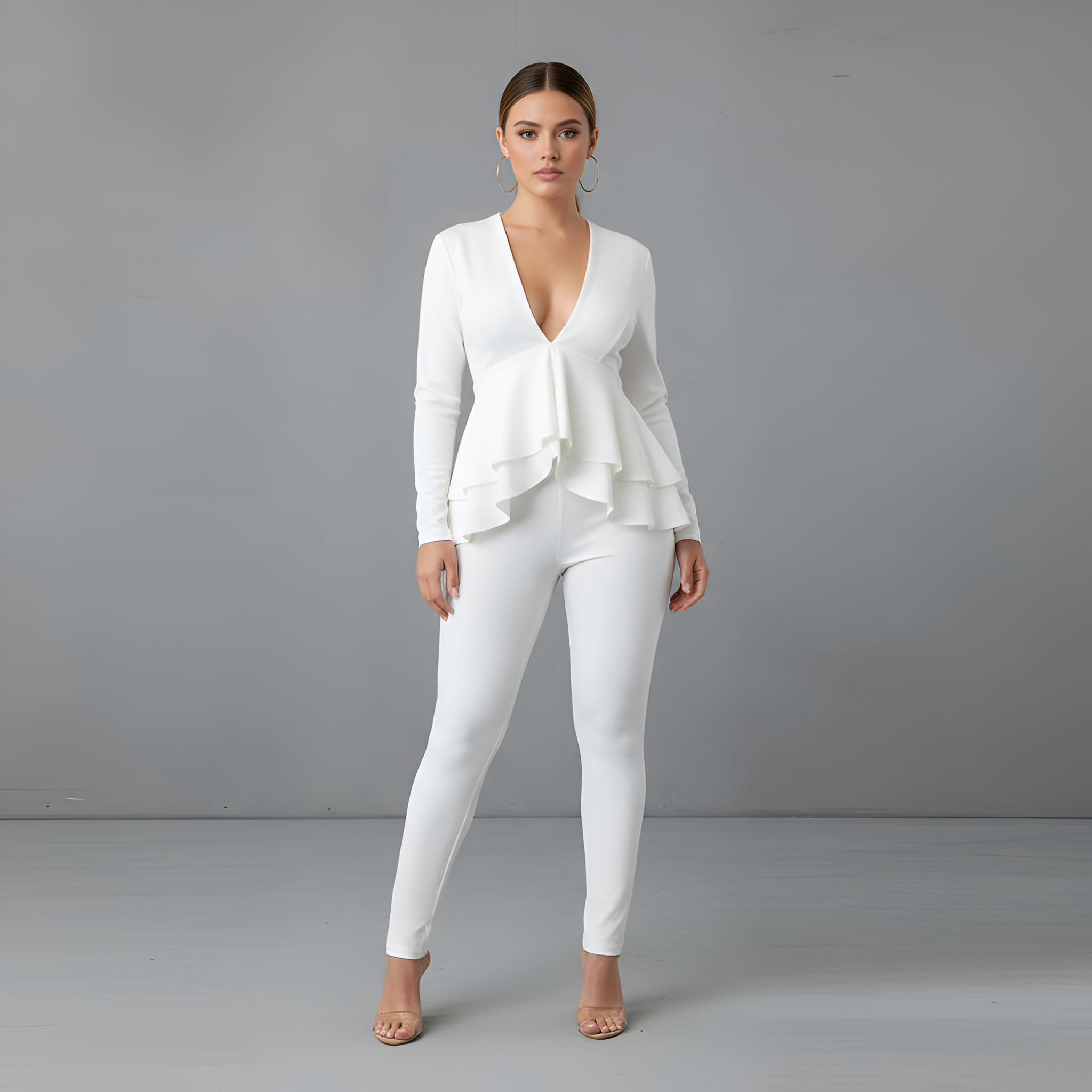  Casual Suit Long Sleeve V Neck Ruffled Pullover Tops Bodycon Long Pants Set 