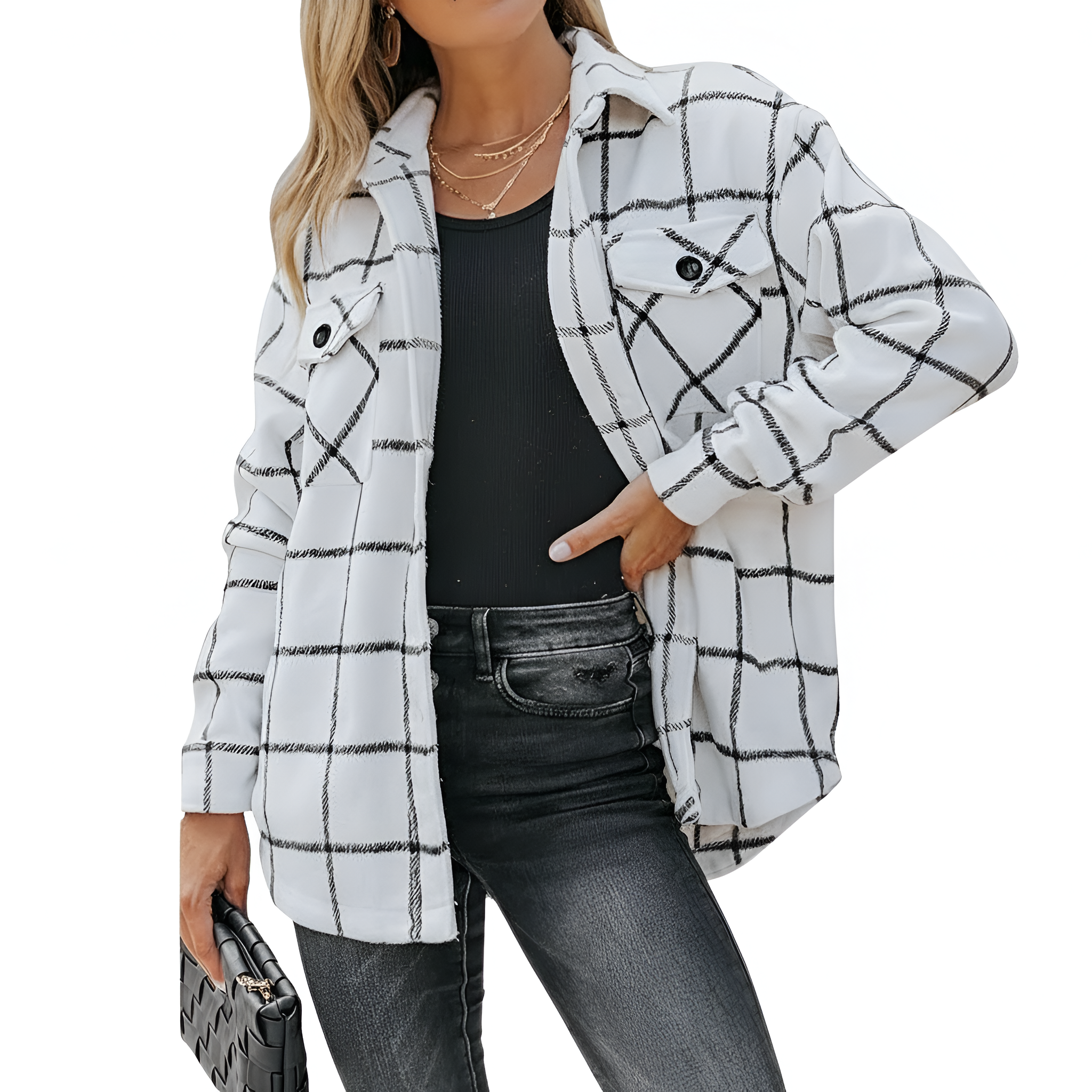Plaid Flannel Shacket With Long Sleeve Button Down Style For Women