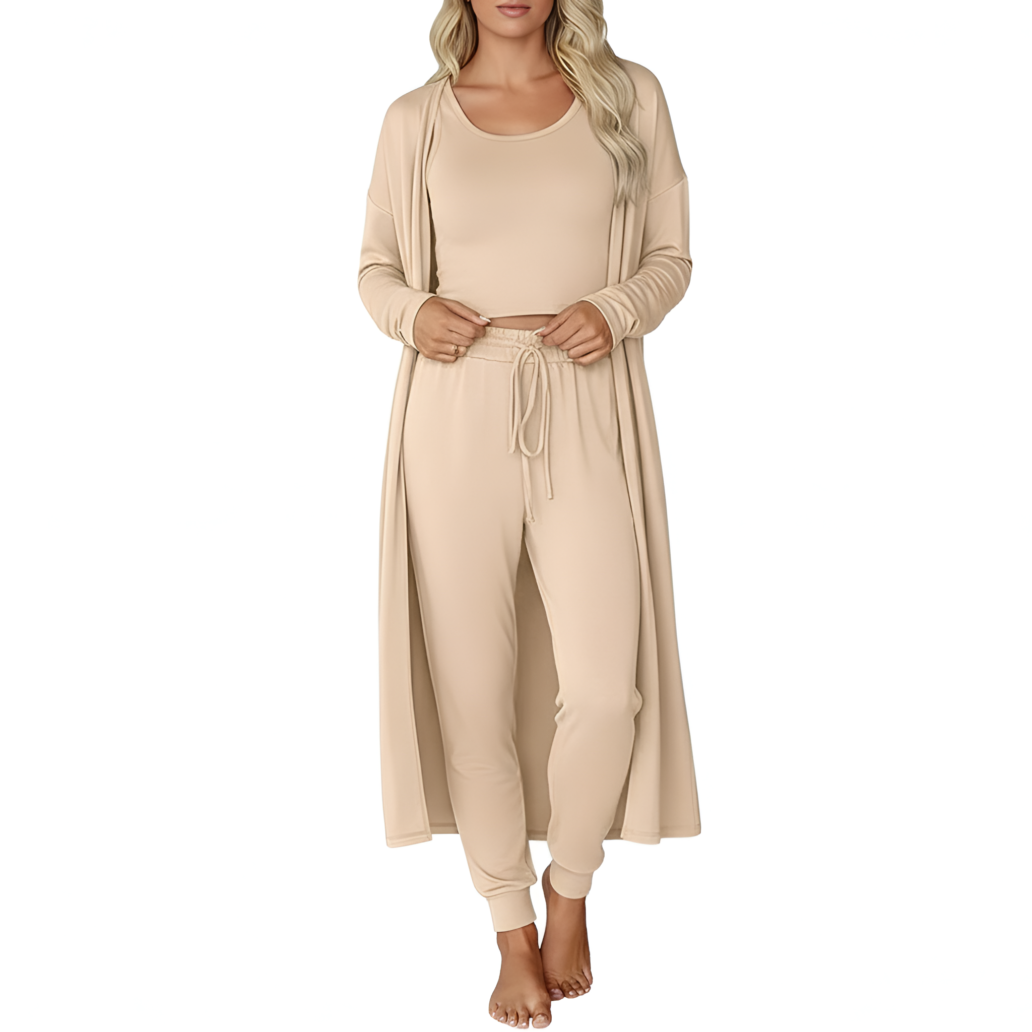 Three Piece Travel Lounge Set With Cardigan Matching Top And Jogger For Women