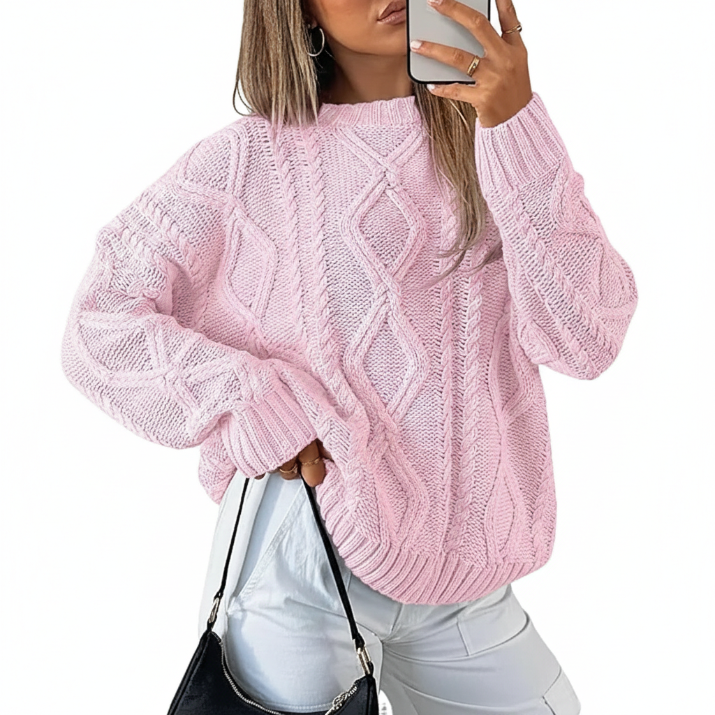 Oversized Cable Knit Sweater Crewneck Cozy Fall Pullover Top For Women