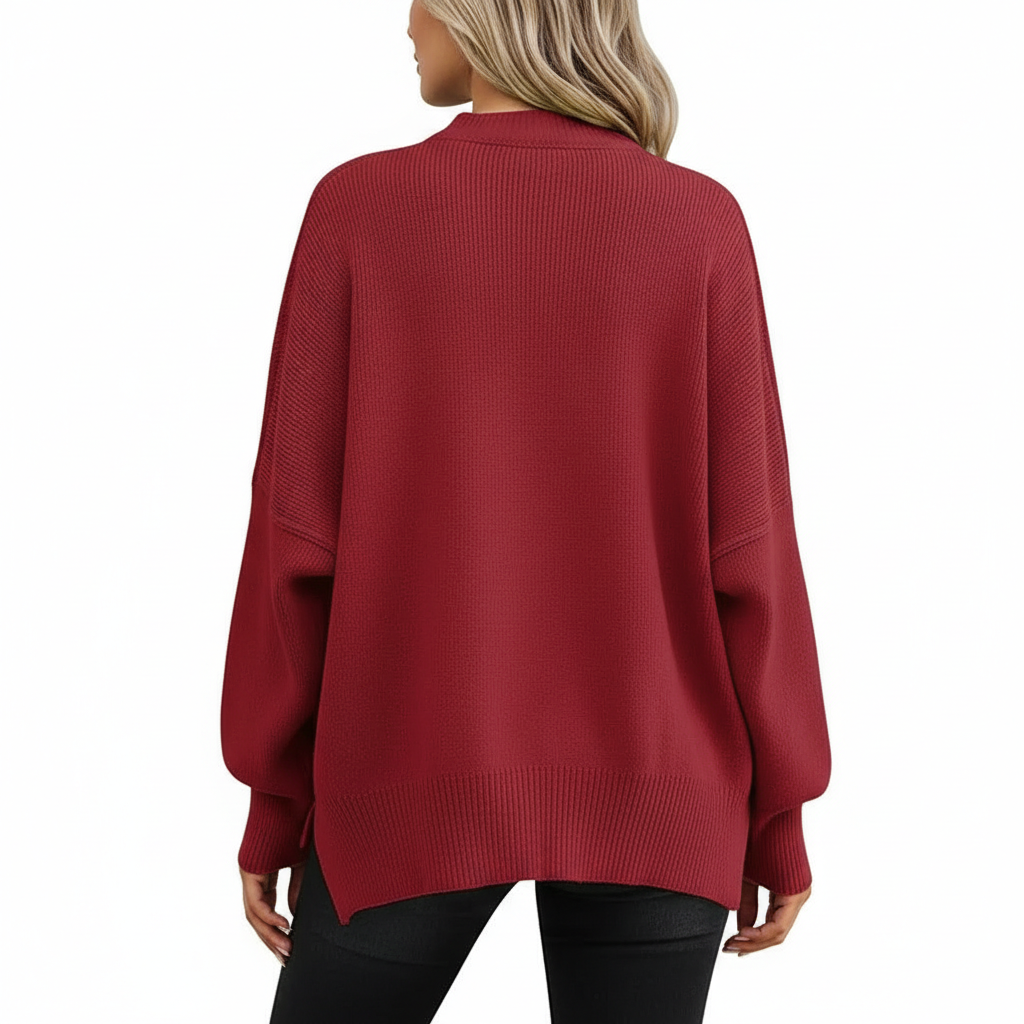 Oversized Batwing Knit Side Slit Pullover Sweater For Women