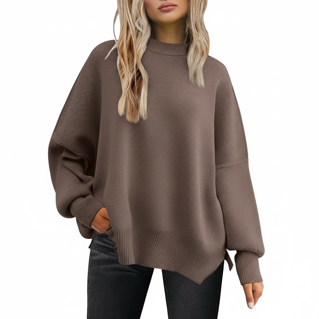 Oversized Batwing Knit Side Slit Pullover Sweater For Women