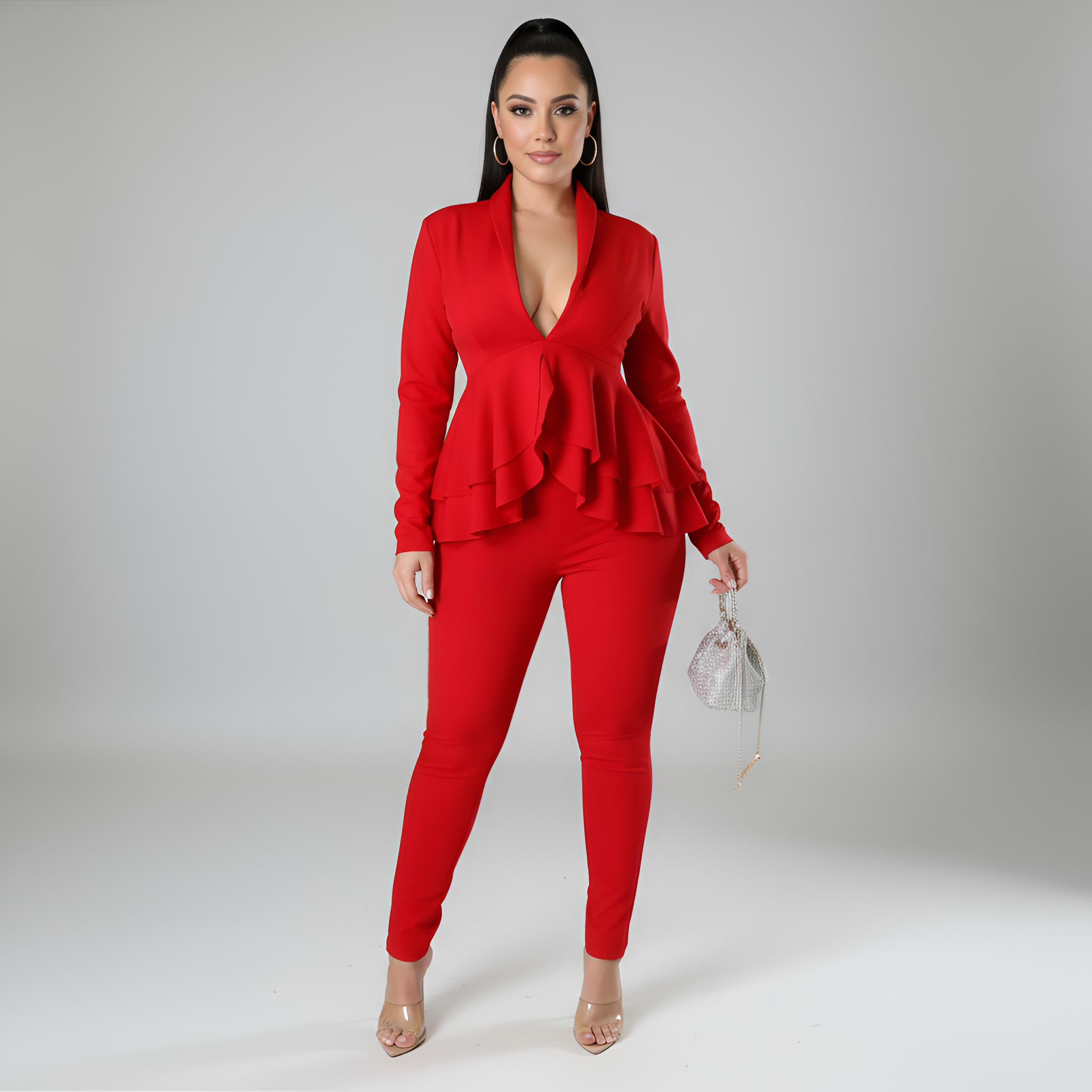 Casual Suit Long Sleeve V Neck Ruffled Pullover Tops Bodycon Long Pants Set 