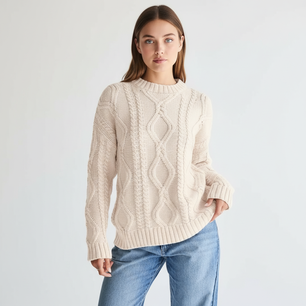 Oversized Cable Knit Sweater Crewneck Cozy Fall Pullover Top For Women