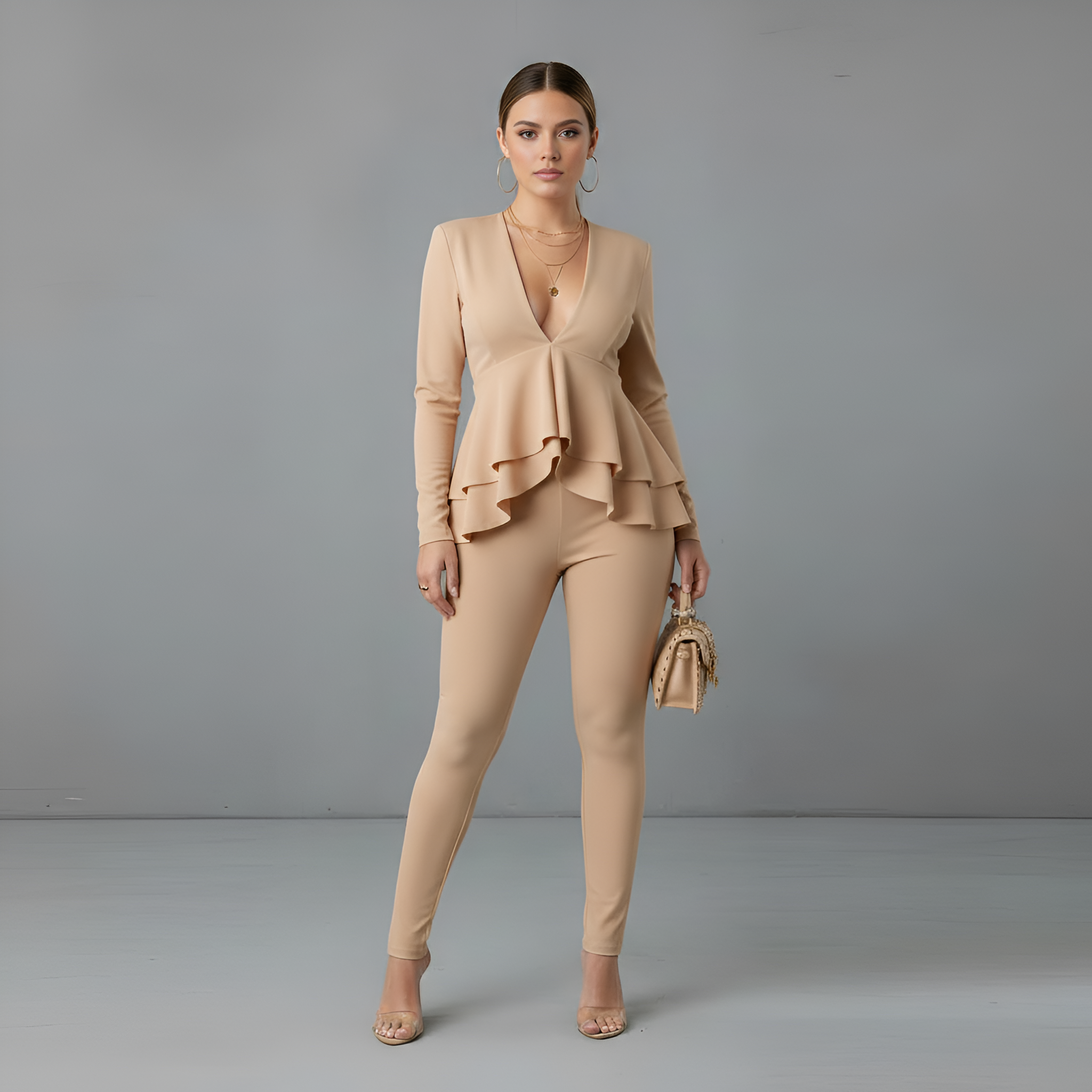  Casual Suit Long Sleeve V Neck Ruffled Pullover Tops Bodycon Long Pants Set 
