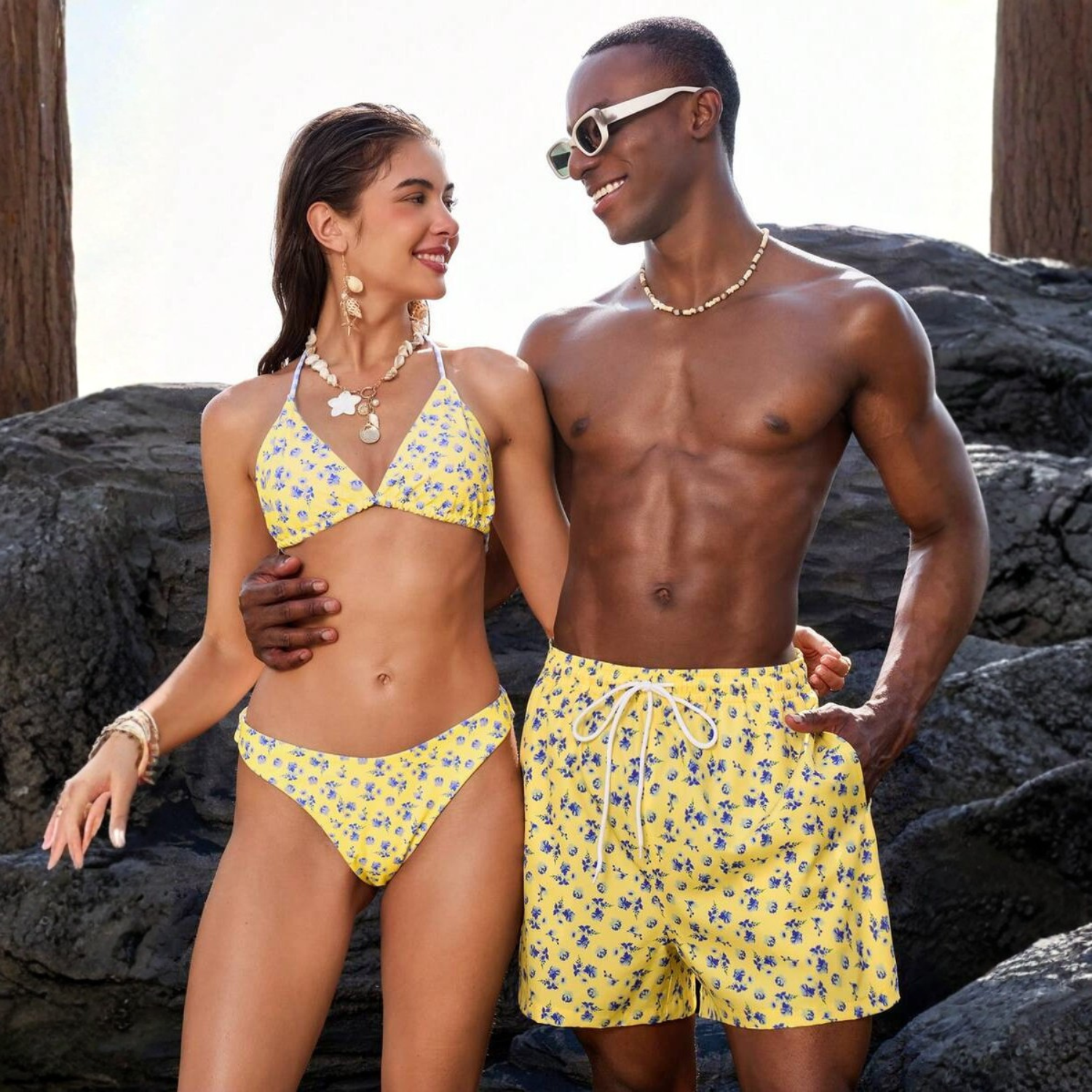 Striped Couple Swimwear For Men Beach Shorts And Women Swimsuit Set