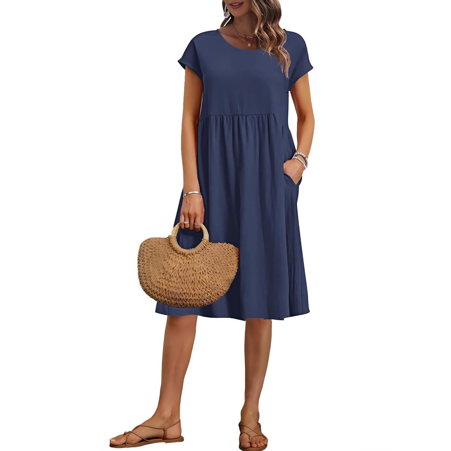 Cap Sleeve A Line Dress with Pockets for Women