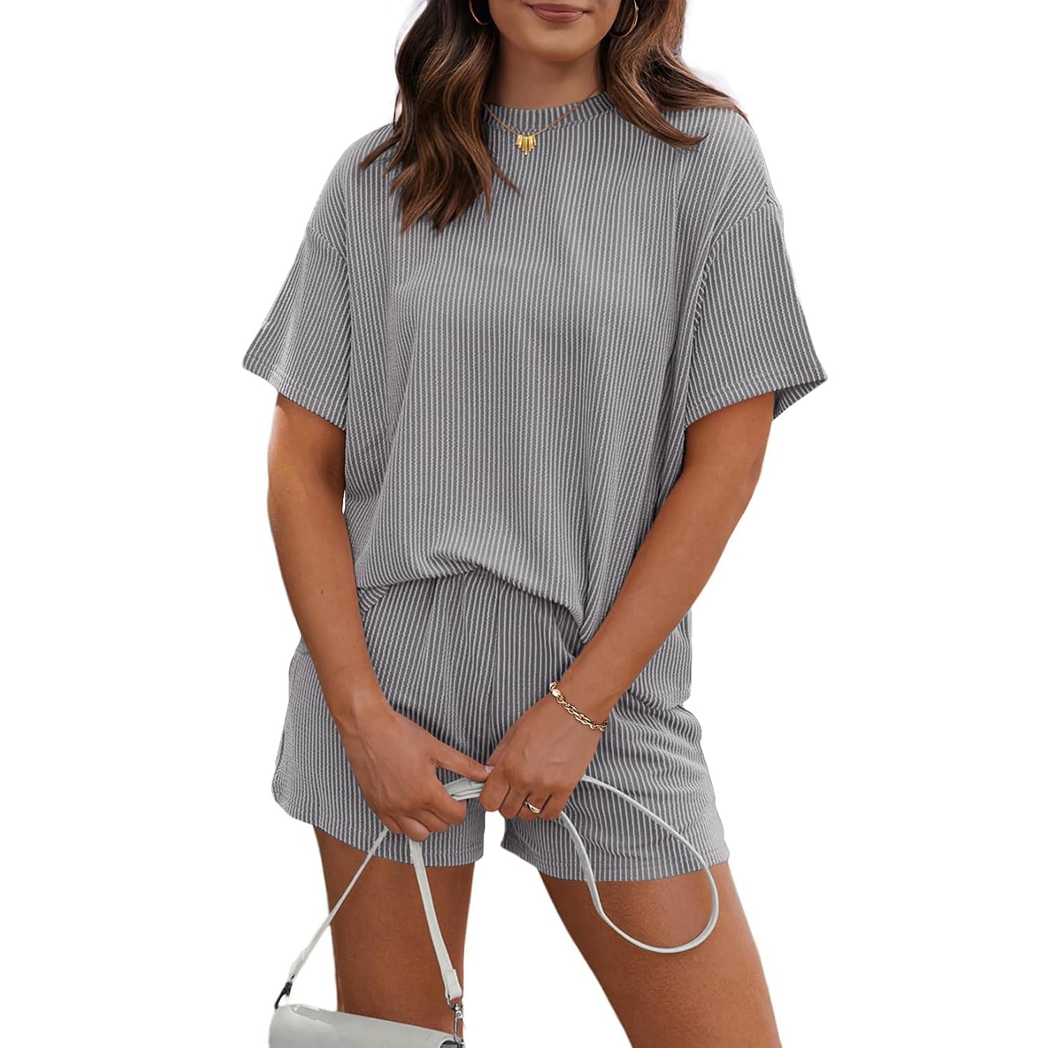2 Piece Ribbed Knit Shorts Set with Short Sleeve Top For Women