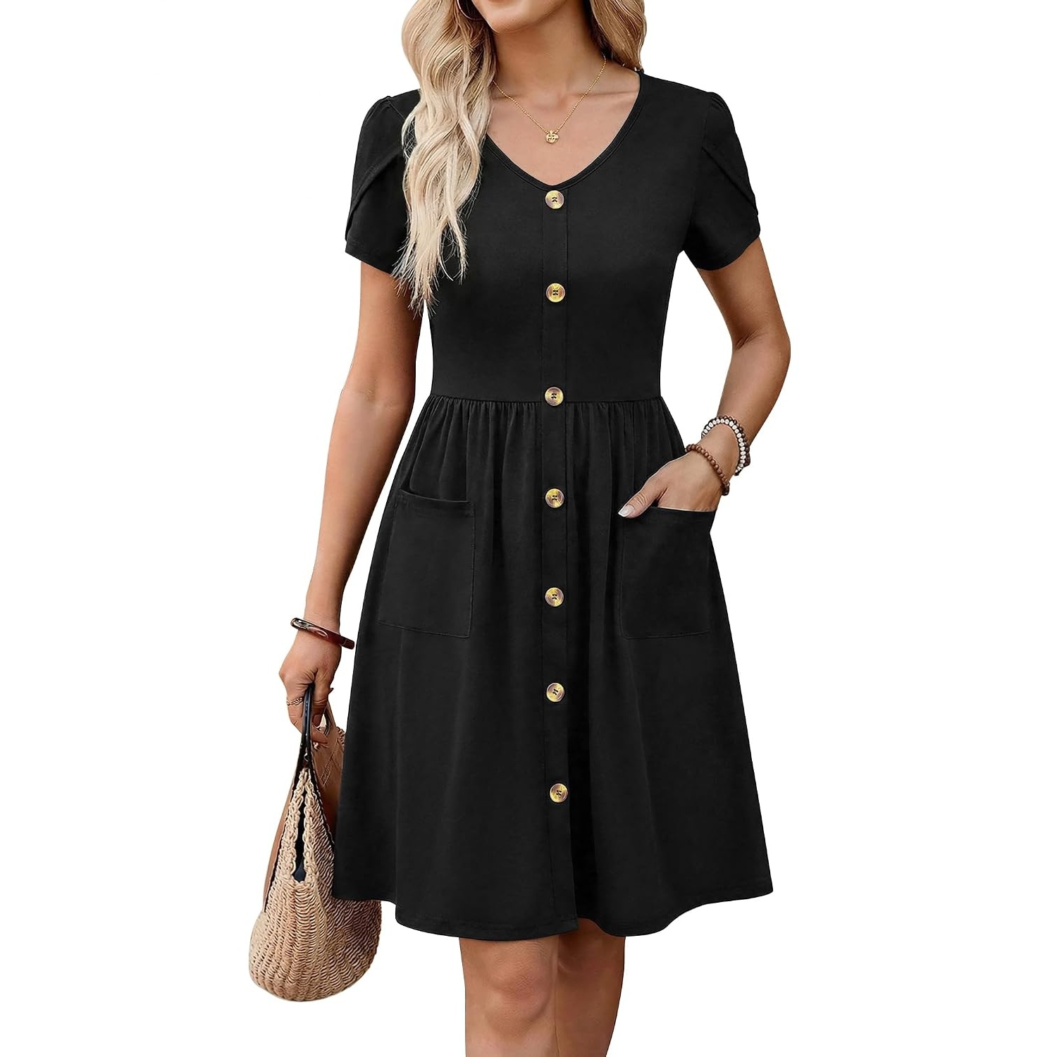 Pleated Sleeve With Front Button Dress For Women