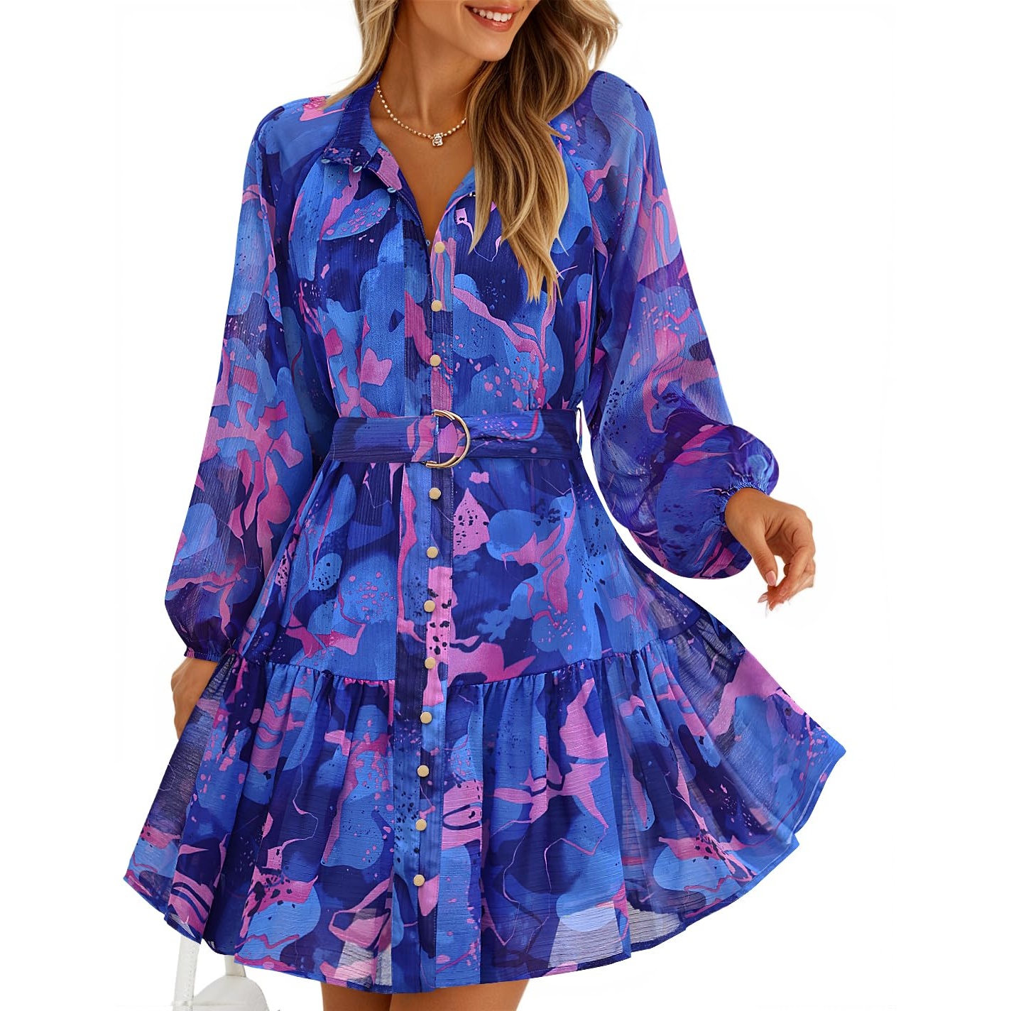 Floral Printed Long Sleeve Mini Dress For Women