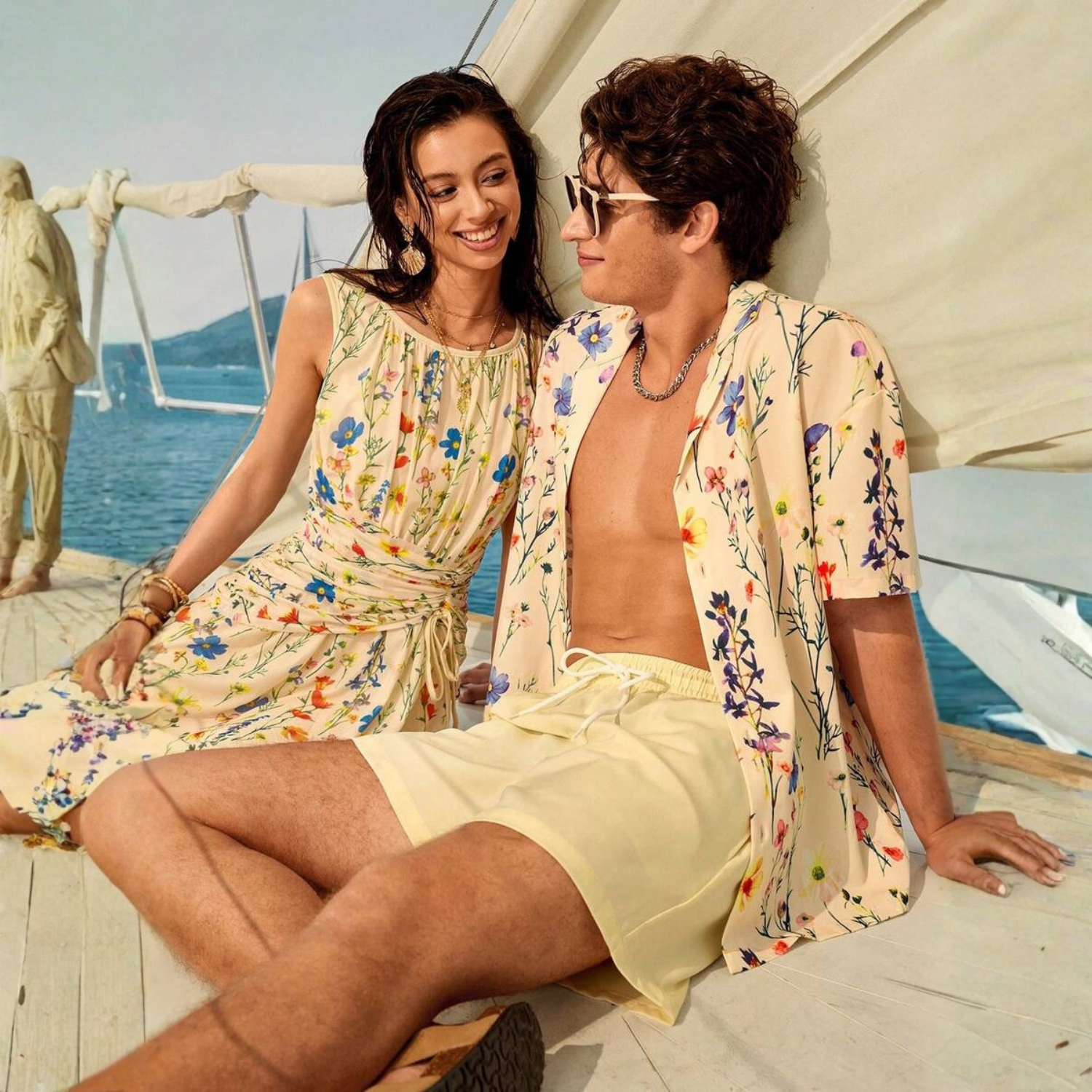 Floral Couple Beach Men Shirt Shorts And Women Swimwear Outfit Set