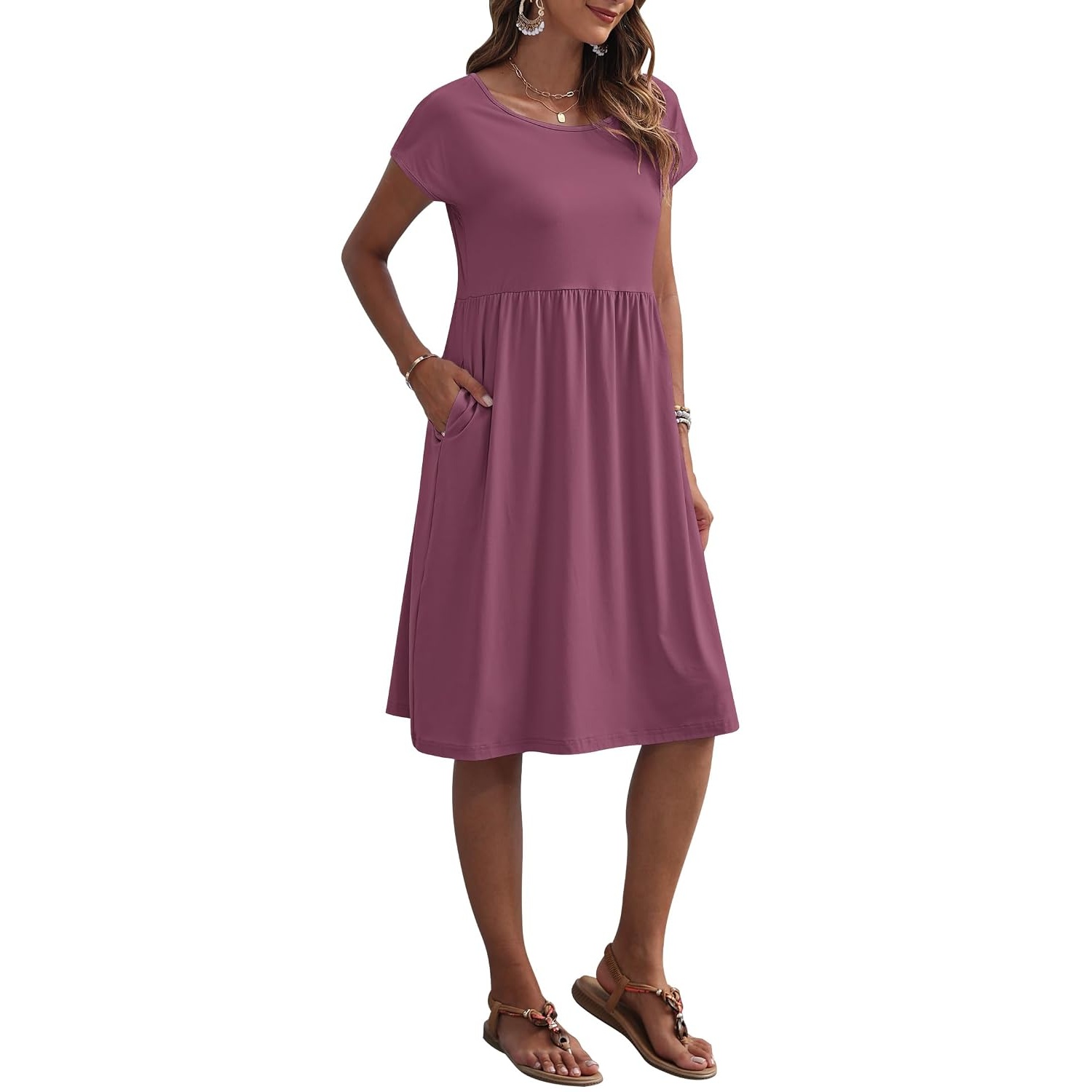 Cap Sleeve A Line Dress with Pockets for Women