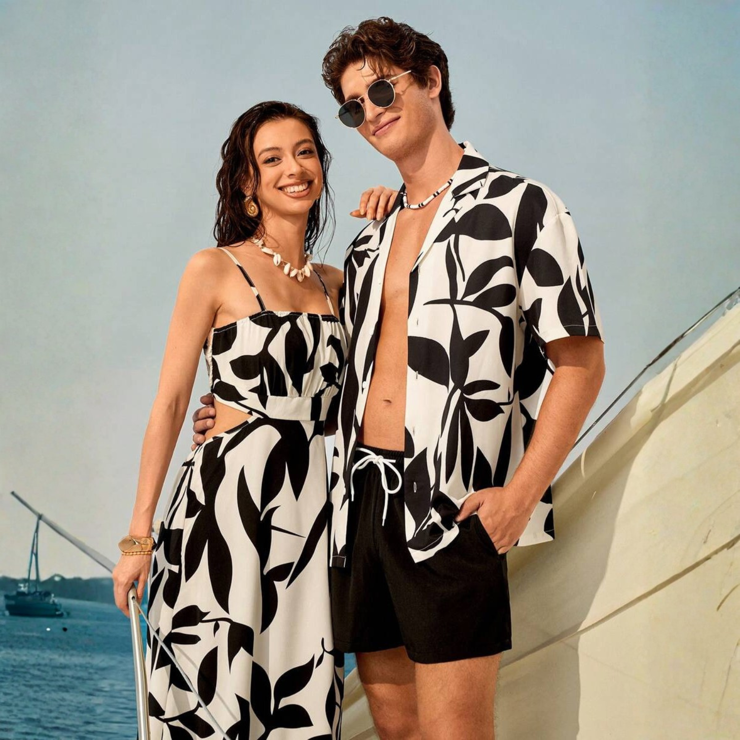 Floral Couple Beach Men Shirt Shorts And Women Swimwear Outfit Set