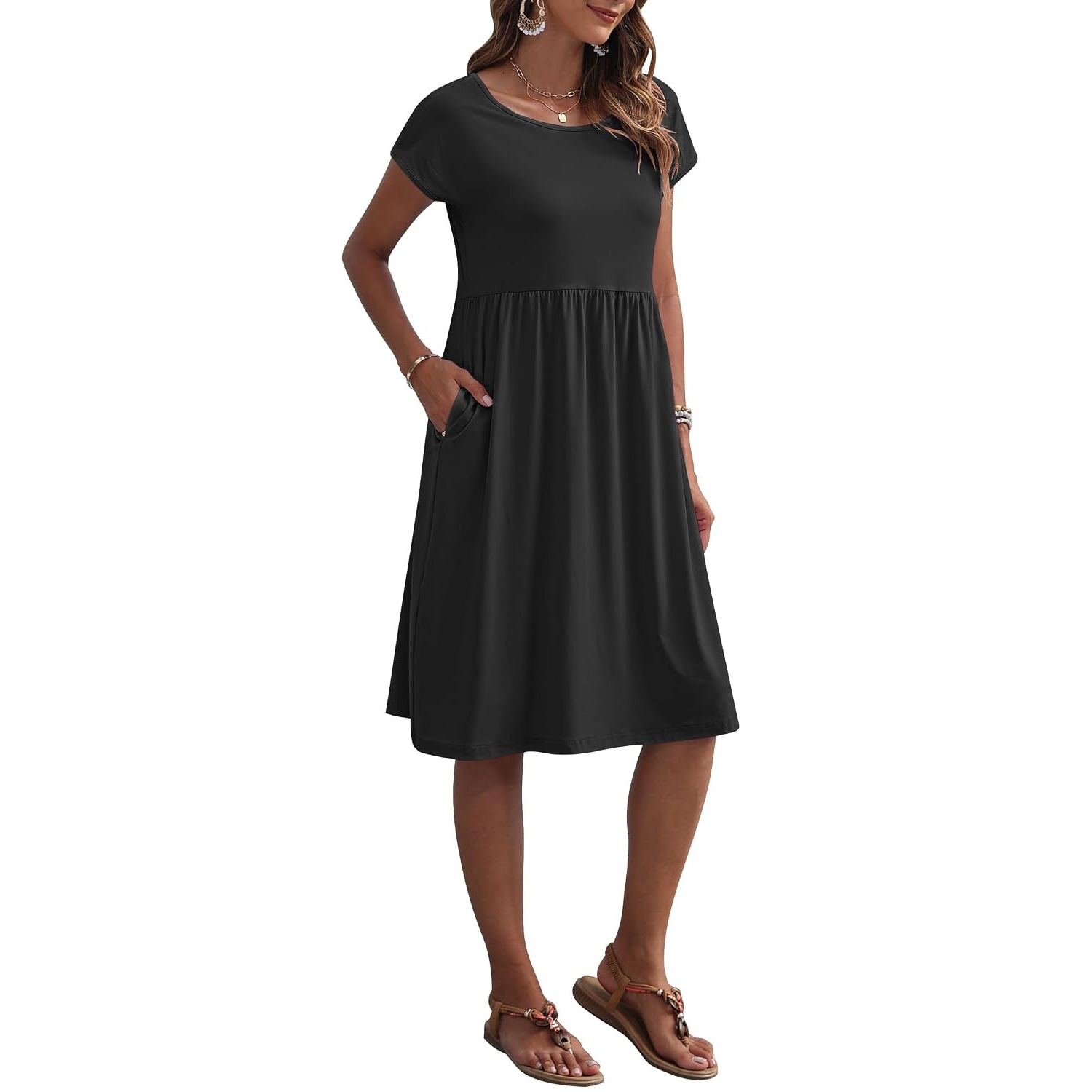 Cap Sleeve A Line Dress with Pockets for Women