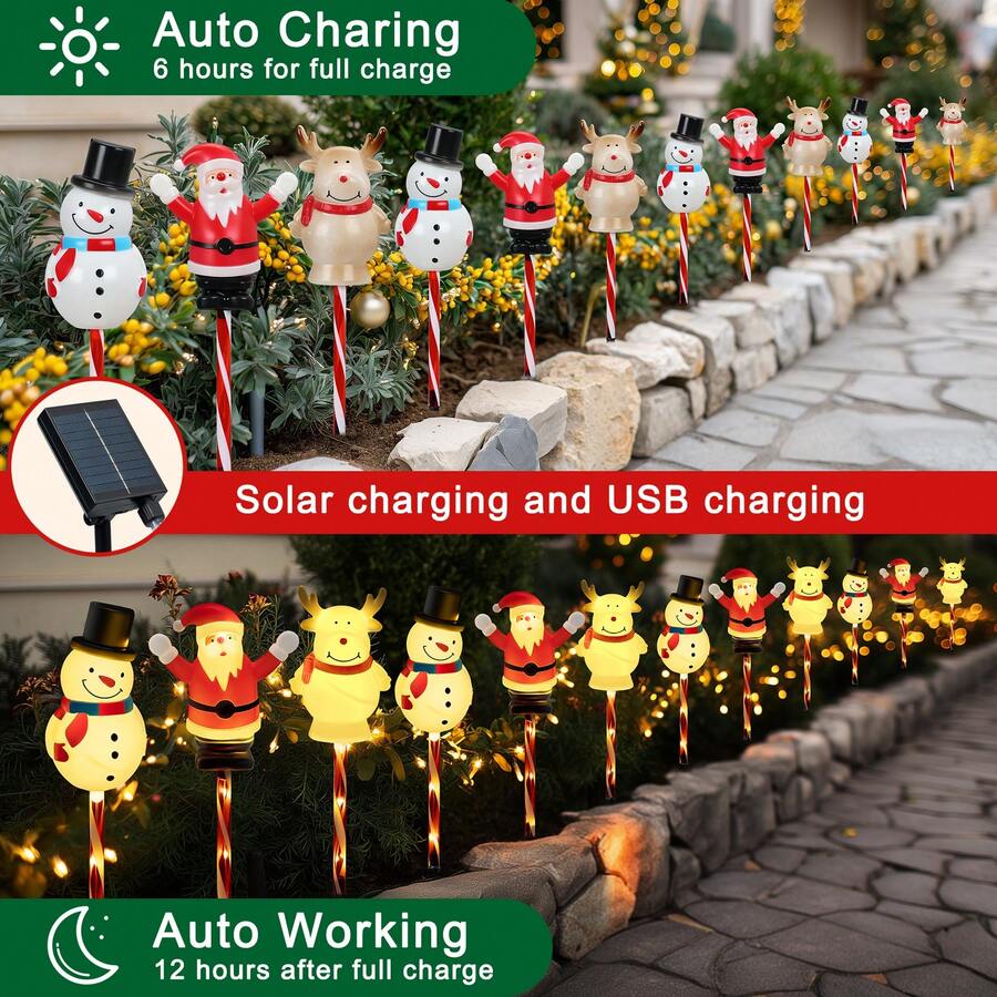 6pcs Outdoor Solar Christmas Garden Stake Lights - Snowman+Reindeer+Santa Claus, 8 Modes Of Lighting Christmas Lights, Indoor And Outdoor Garden Lights, Suitable For Terraces, Paths, Gardens, Decorations, Light Sensing, Christmas Gifts! - 6-in-1 Garden Stake Lights - View 3