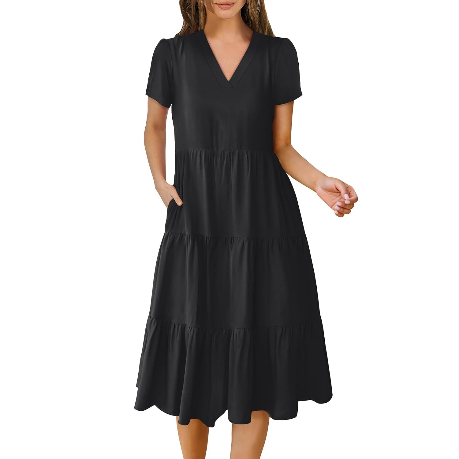 Casual Short Sleeve Tiered Boho Beach Midi Dress For Women
