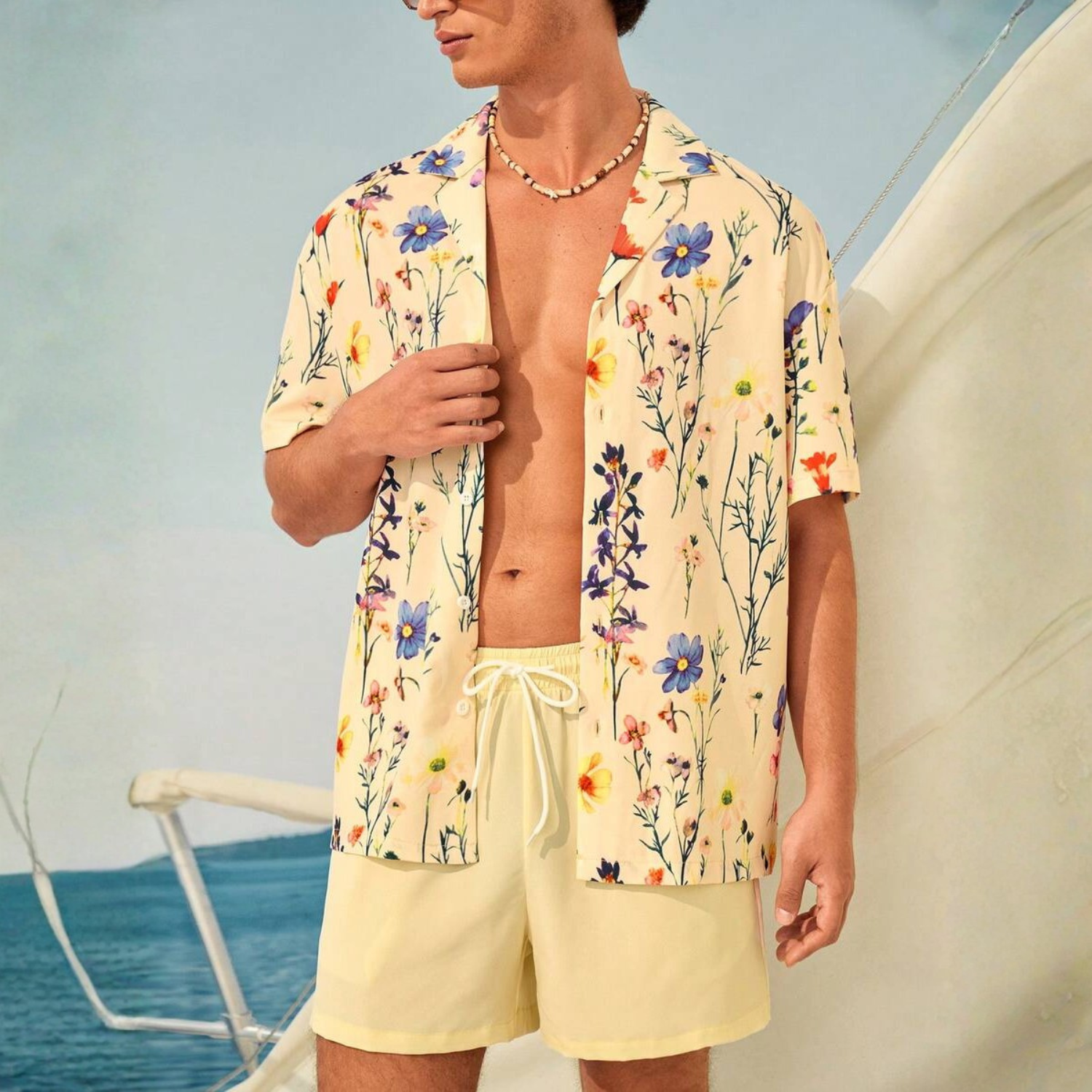 Floral Couple Beach Men Shirt Shorts And Women Swimwear Outfit Set