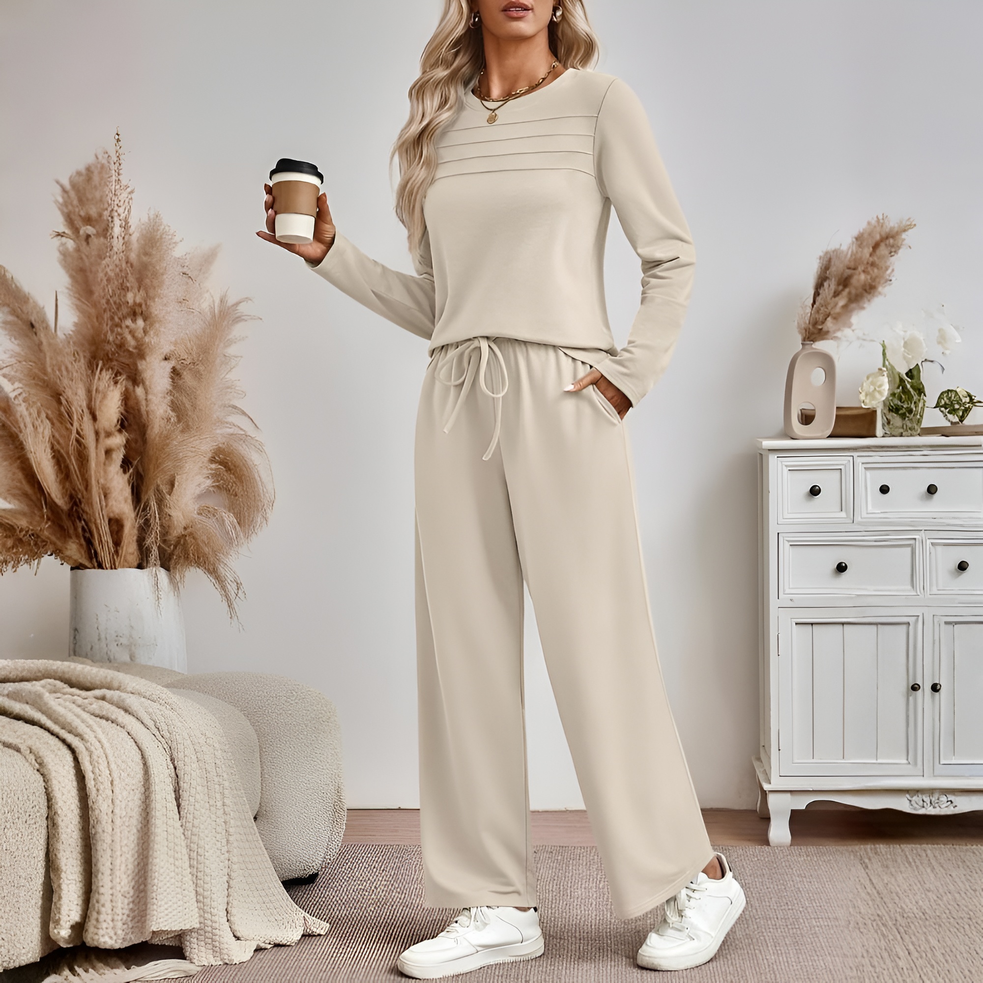 Two Piece Lounge Sets For Women With Comfortable Sweatshirt And Wide Matching Pants