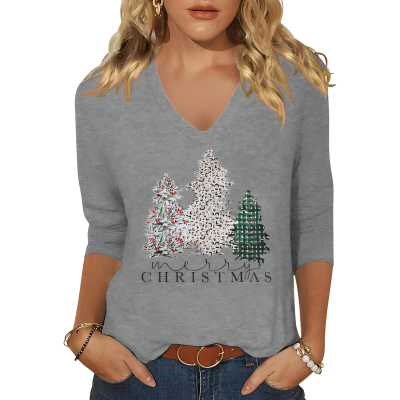 Gray V-neck Christmas graphic shirt with three patterned trees