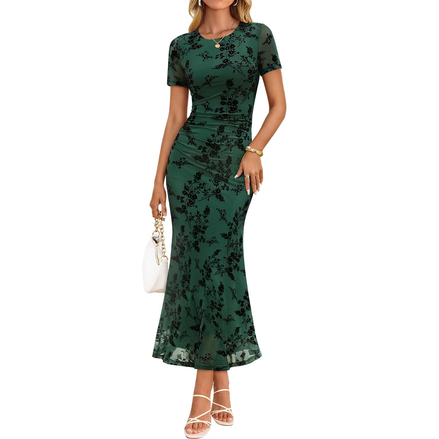 Bodycon Floral Mesh Sleeve Ruched Sleeve Dress For Women